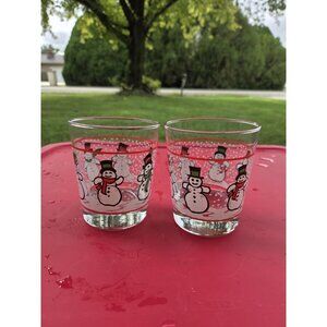 Vintage Libbey Dancing Snowmen Lowball Glasses Holiday Tumblers 12‎ oz Set 2